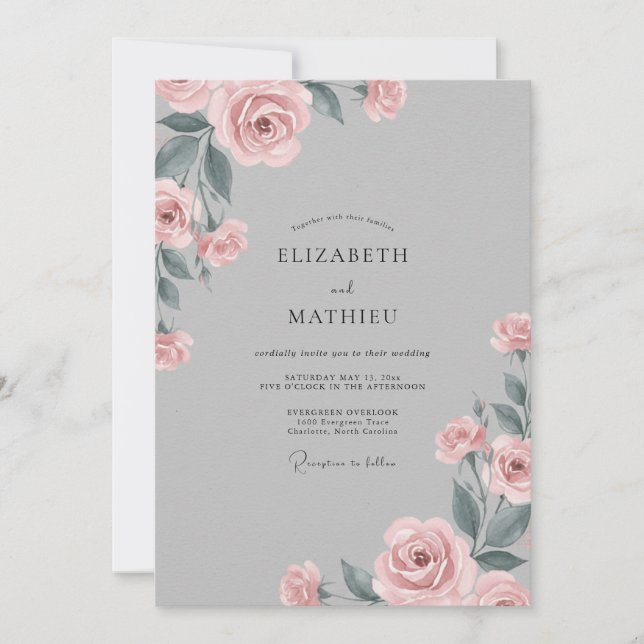 Invitation Mariage Gris Pâle Rose Pétales (Devant)