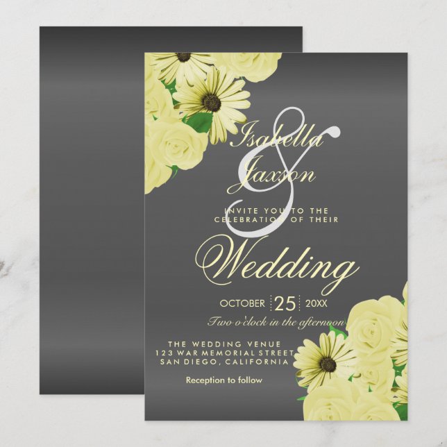 Invitation Mariage Gris Satin et Mariage Jaune Pastel (Devant / Derrière)