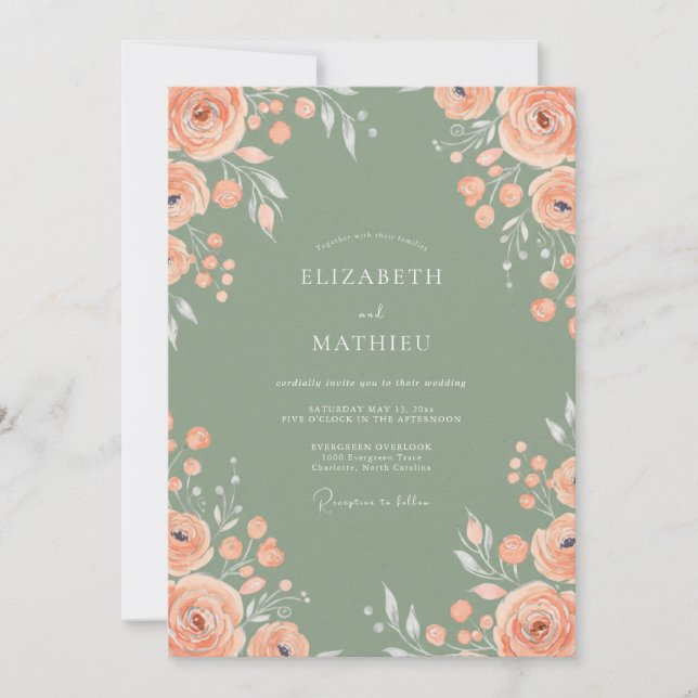 Invitation Mariage Gris Sauge Fleur de Pêcher (Devant)