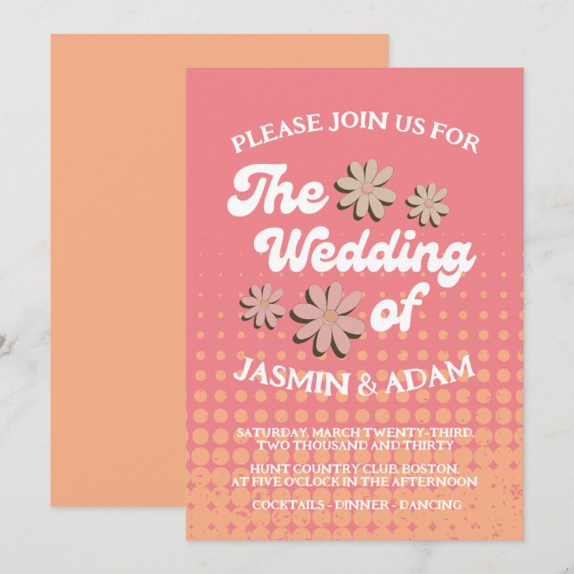 Invitation Mariage Groovy Fleur de Daisy Rose Rétro (Devant / Derrière)