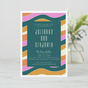 Invitation Mariage Groovy Rétro Lignes Ondulées Rose et Vert
