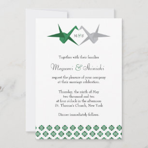 Invitation Mariage Grues Origami vert/argent