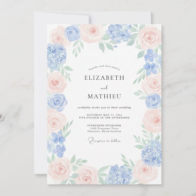 Invitation Mariage Guirlande Champagne et Pervenche (Devant)