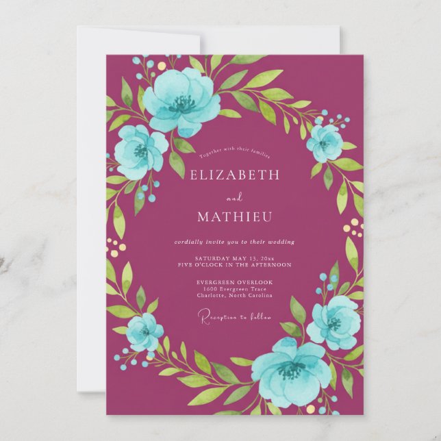 Invitation Mariage Guirlande Florale Fantaisiste de Prune (Devant)