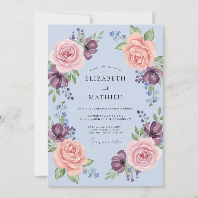 Invitation Mariage Guirlande Florale Romantique Pervenche (Devant)
