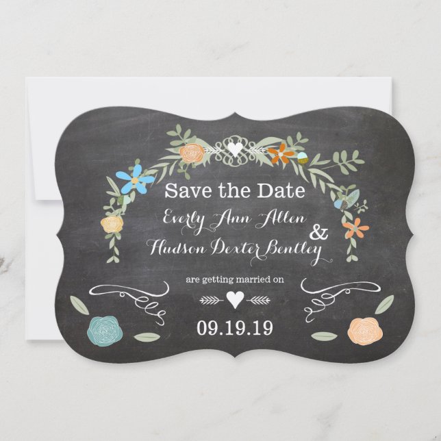 Invitation Mariage Guirlande Florale Rose Menthe Tableau Noir (Devant)