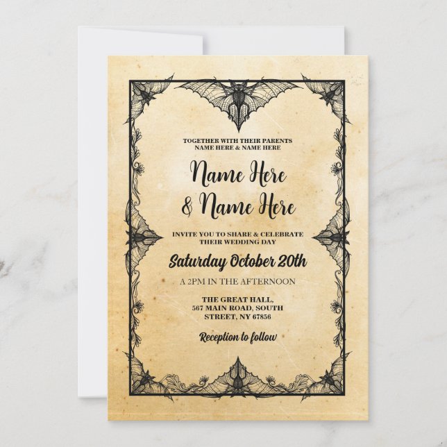 Invitation Mariage Halloween Cadre gothique chauves-souris Vi (Devant)