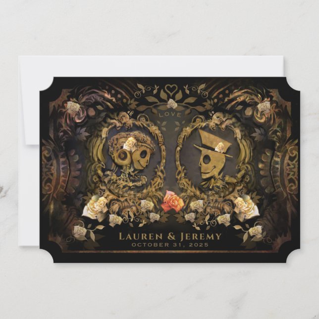 Invitation Mariage Halloween Golden Elegance Skeletons  (Devant)