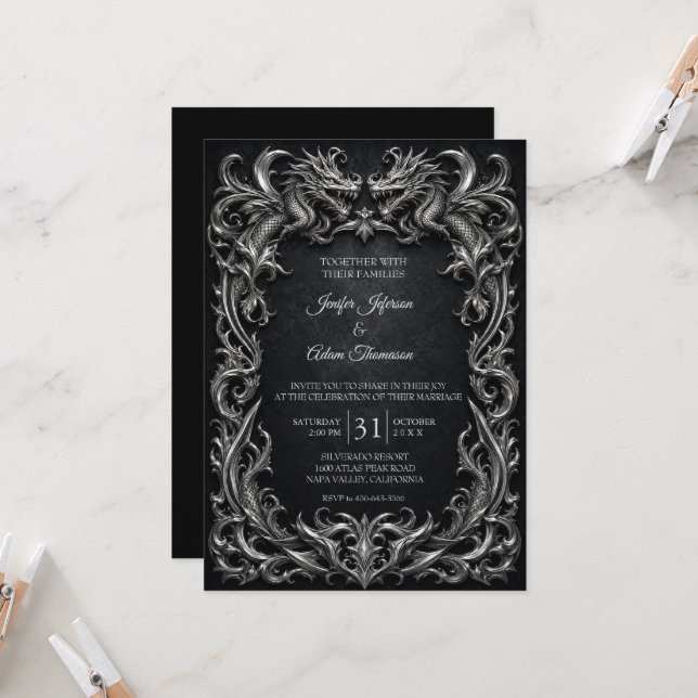 Invitation Mariage Halloween gothique Dragons (Devant/Arrière en situation)