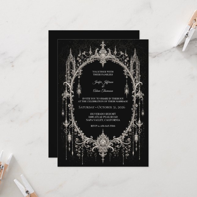 Invitation Mariage Halloween Gothique Élégant (Devant/Arrière en situation)