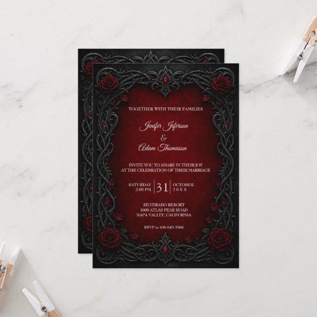 Invitation Mariage Halloween Gothique Élégant (Devant/Arrière en situation)
