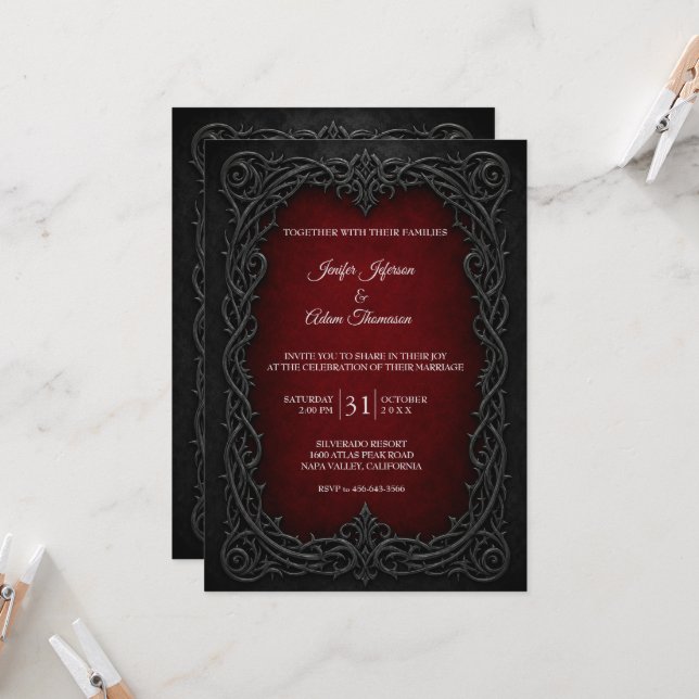 Invitation Mariage Halloween Gothique Élégant (Devant/Arrière en situation)