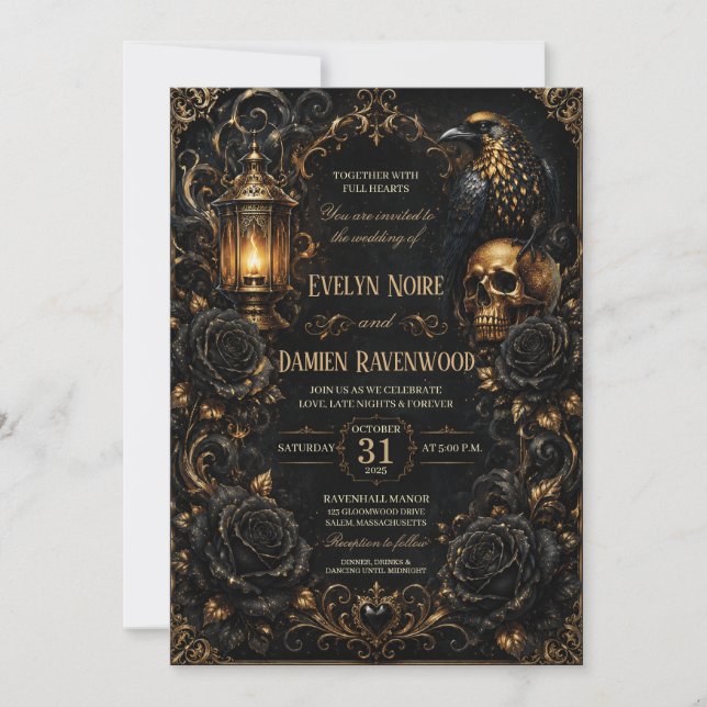 Invitation Mariage Halloween gothique Rose noire (Devant)