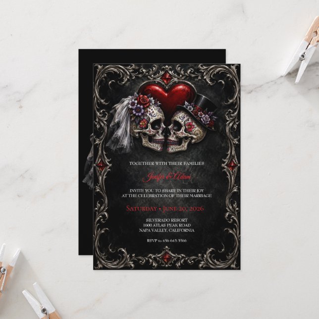 Invitation Mariage Halloween gothique squelettique (Devant/Arrière en situation)