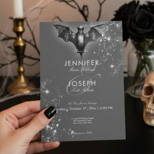 Invitation Mariage Halloween noir chauve-souris et diamants