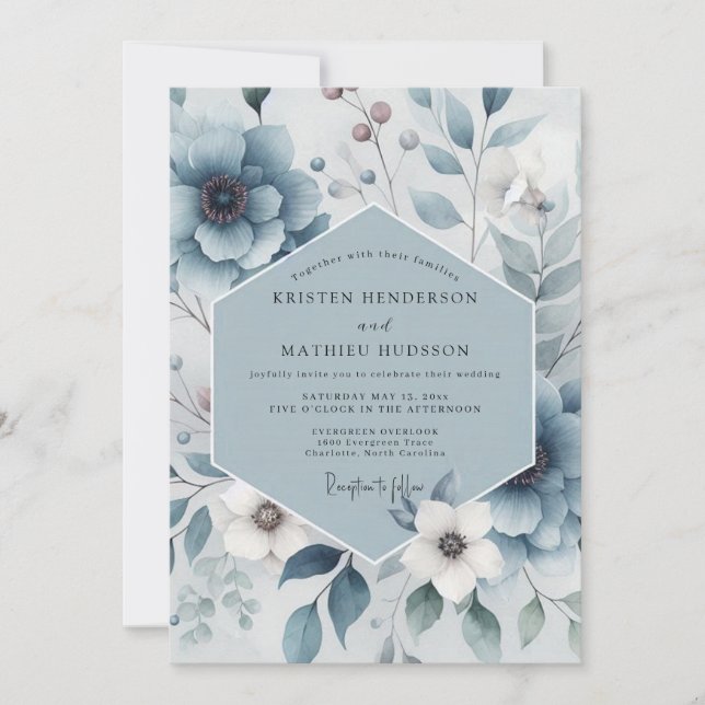 Invitation Mariage Harmonie Florale Bleu Ardoise (Devant)