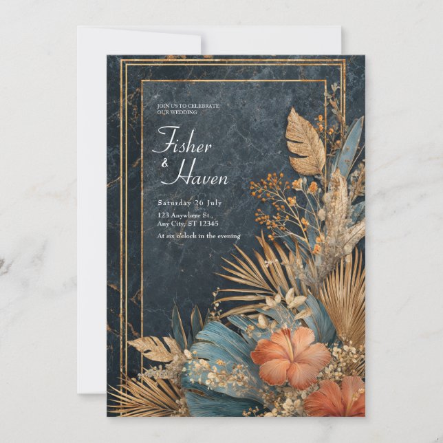 Invitation Mariage Hawaïen Hibiscus Téale Or Marbré Navy (Devant)