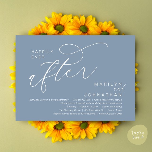 Invitation Mariage heureux à jamais, dîner de fête, danse (Romantic Happily Ever After Wedding Dinner Party Lunch Brunch Invitation PDF Card Dusty Blue)