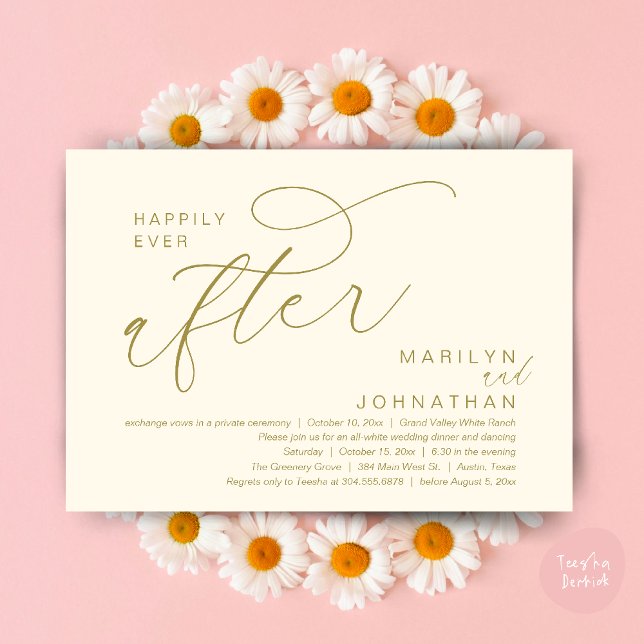 Invitation Mariage heureux à jamais, dîner de fête et danse (Romantic Happily Ever After Wedding Dinner Party Lunch Brunch Invitation PDF Card Yellow Gold)
