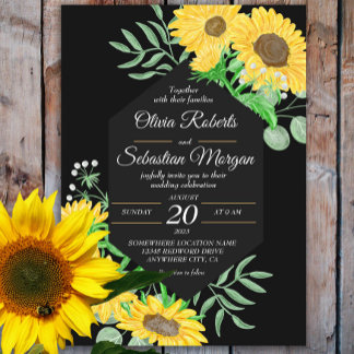 Invitation Mariage Hexagon noir des tournesols aquarelle