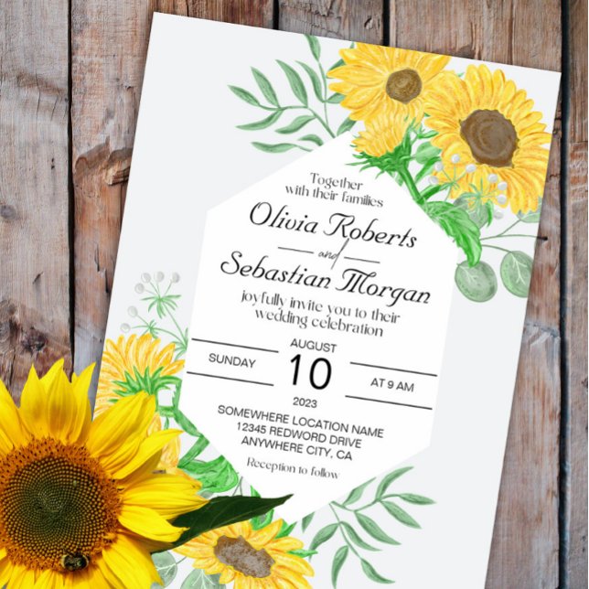 Invitation Mariage hexagone de tournesol jaune aquarelle (Créateur téléchargé)