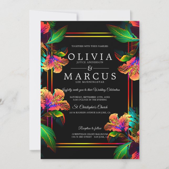 Invitation Mariage | Hibiscus Tropical Néon Époustouflant (Devant)
