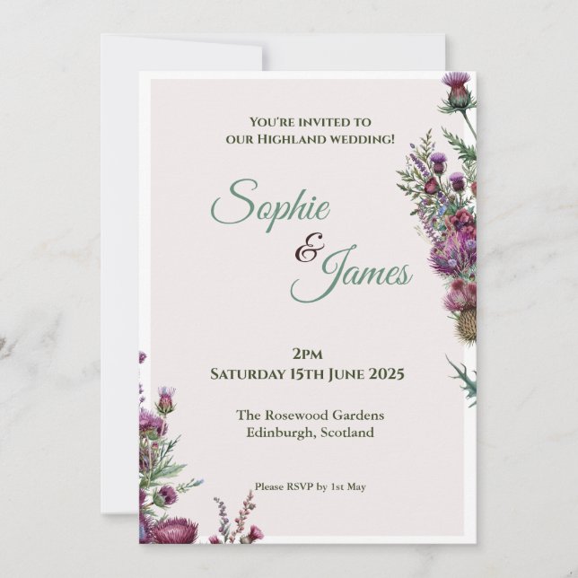Invitation Mariage Highland Floral Chardon Écossais (Devant)