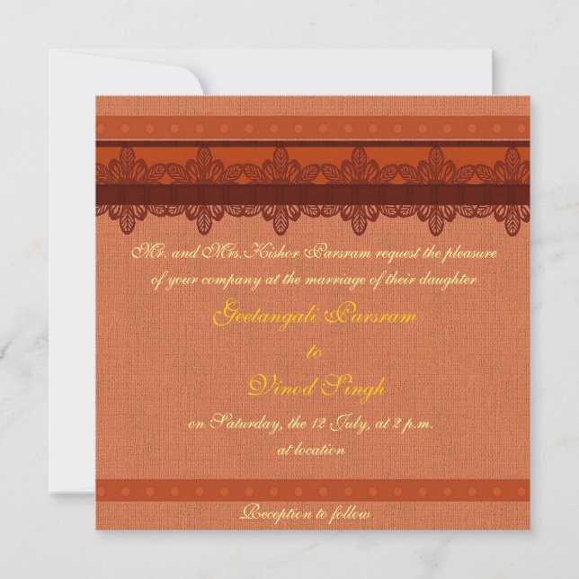 Invitation mariage hindou à brocart rouge clair (Devant)