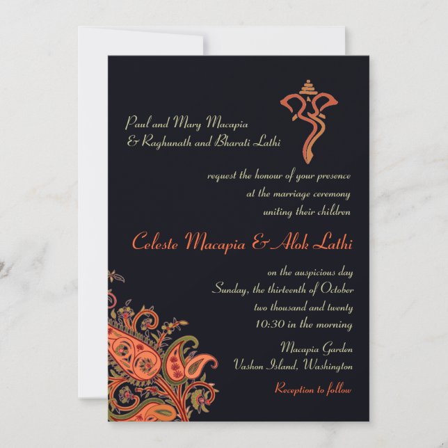 Invitation Mariage hindou Ganesh Navy Blue Orange Paisley (Devant)