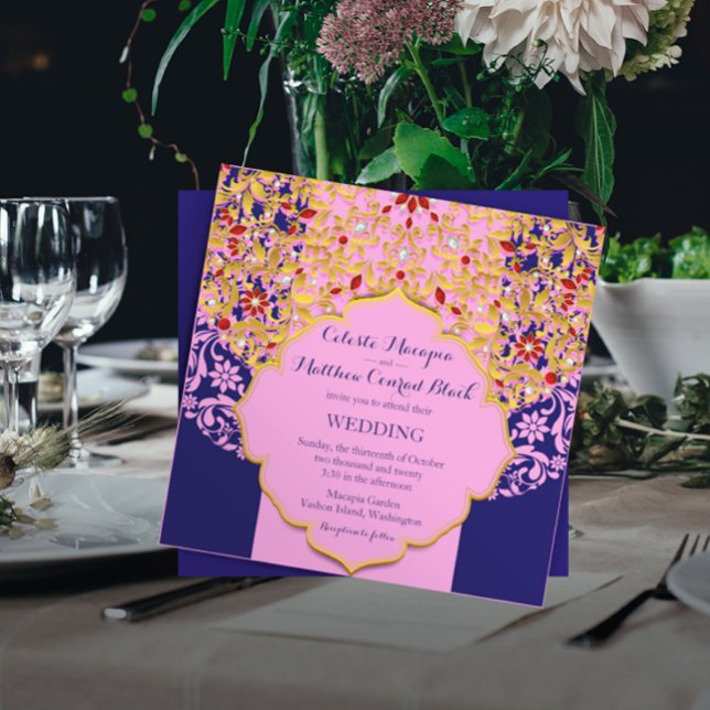 Invitation Mariage Hindou Lux Bijoux or rose bleu (Créateur téléchargé)