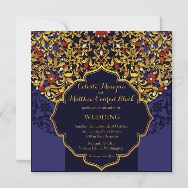Invitation Mariage Hindou Lux Bijoux or rouge bleu (Devant)