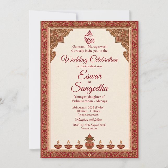 Invitation Mariage hindou traditionnel rouge et or Mandala  (Dos)
