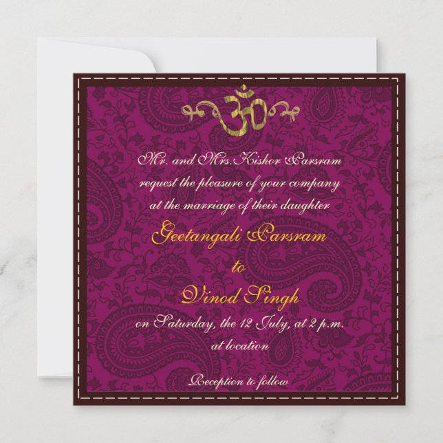 Invitation mariage hindoue de la brocade de Magenta damask (Devant)