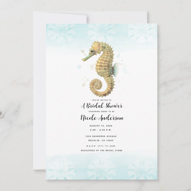 Invitation Mariage Hippocampe Bleu Canard et Aquarelle Dorée (Devant)