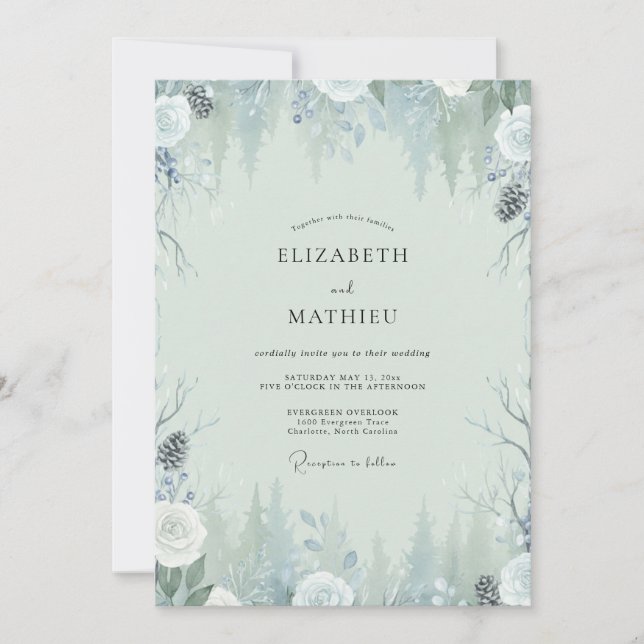 Invitation Mariage Hiver Eucalyptus Cône de Pin Glacé (Devant)