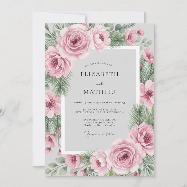 Invitation Mariage hivernal à feuilles persistantes rose tend (Devant)