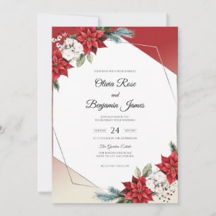 Invitation Mariage hivernal à la poinsettia rouge et eucalypt
