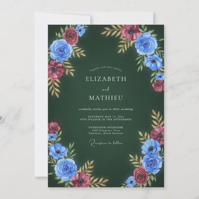 Invitation Mariage hivernal atmosphérique vert pin (Devant)