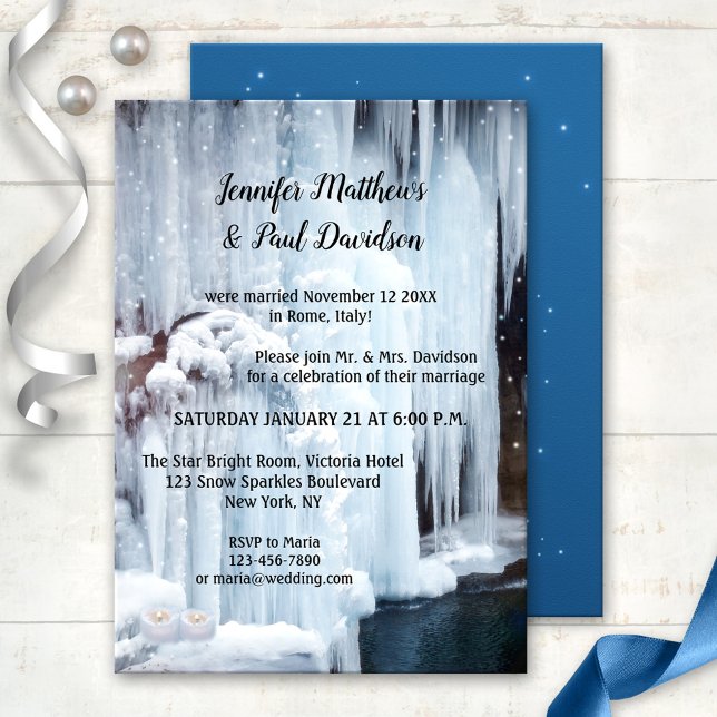 Invitation Mariage hivernal aux étincelles de glace Réception (After wedding invitation featuring a frozen waterfall with sparkly snowflake lights and candles)