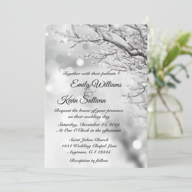 Invitation Mariage hivernal avec neige mousseuse et glace (Debout devant)