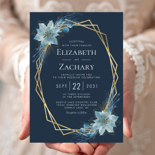 Invitation Mariage hivernal bleu poussiéreux floral marine or