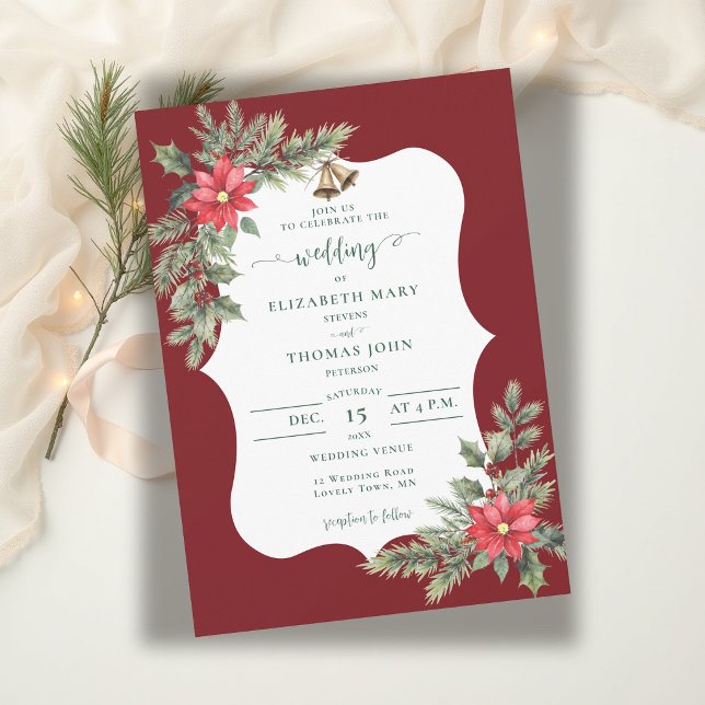 Invitation Mariage hivernal botanique rustique en Bourgogne (winter wedding invitation christmas greenery floral poinsettia watercolor burgundy elegant rustic)