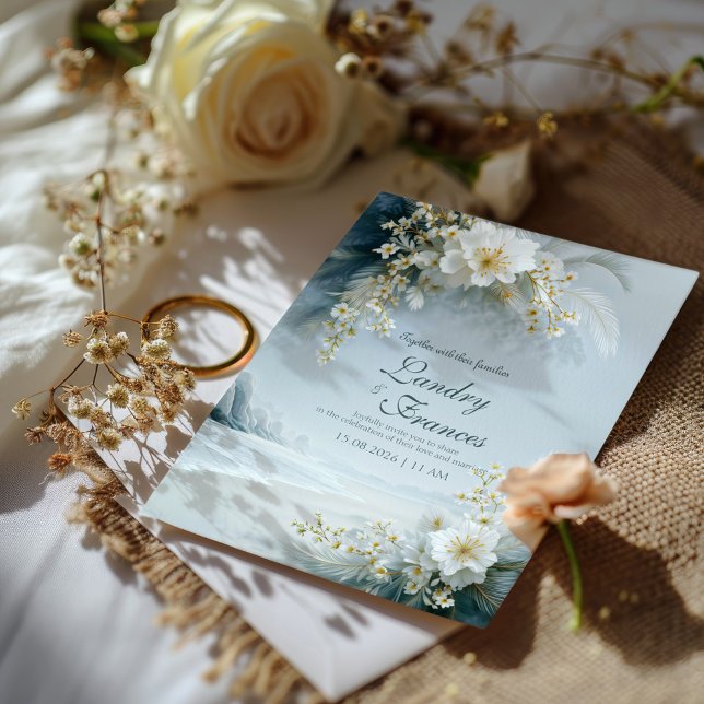 Invitation Mariage hivernal côtier aux fleurs blanches éthéré (Créateur téléchargé)