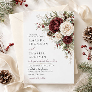 Invitation Mariage hivernal élégant burgundy et ivoire floral