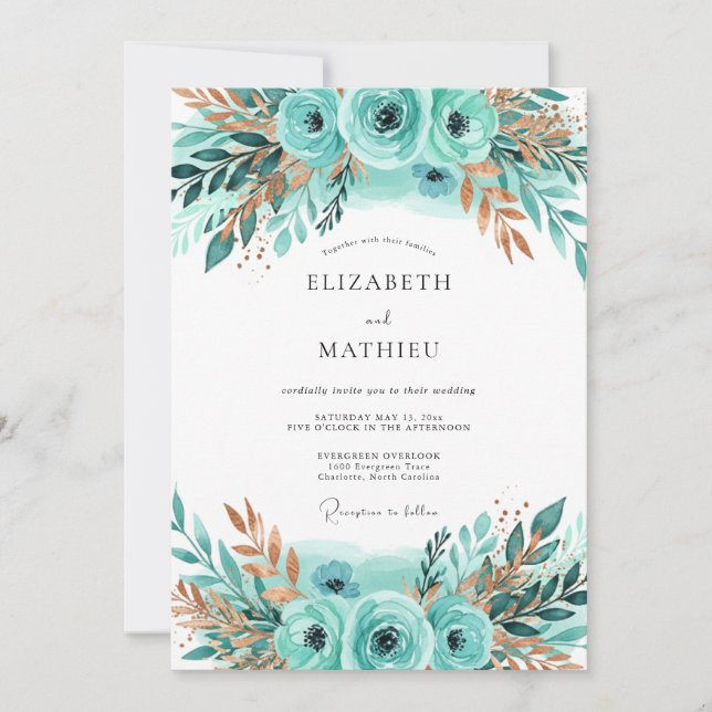 Invitation Mariage hivernal en bronze sarcelle luisant (Devant)