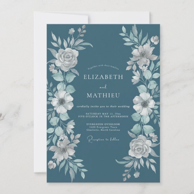 Invitation Mariage hivernal éthéré au bleu-vert atténué (Devant)
