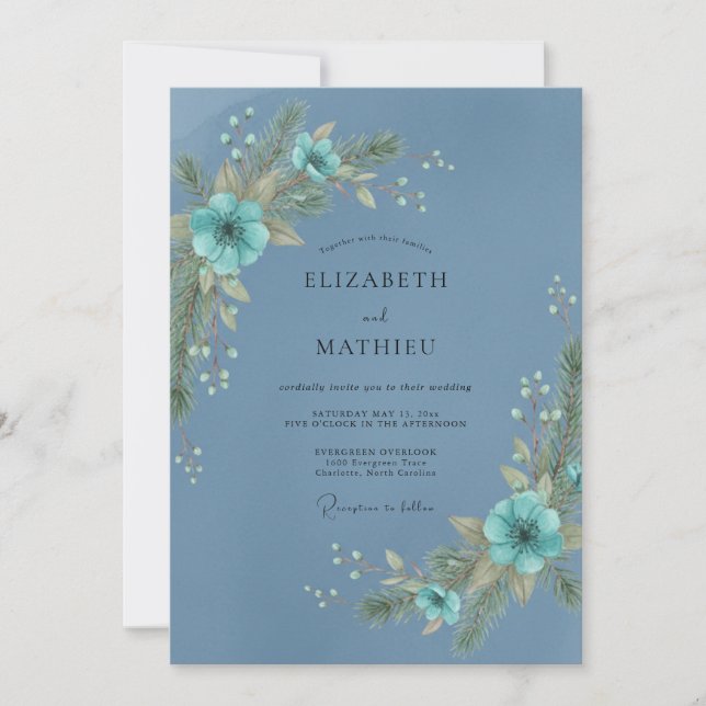 Invitation Mariage hivernal éthéré bleu acier (Devant)