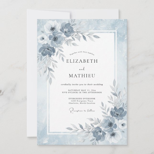 Invitation Mariage hivernal éthéré bleu poussiéreux (Devant)