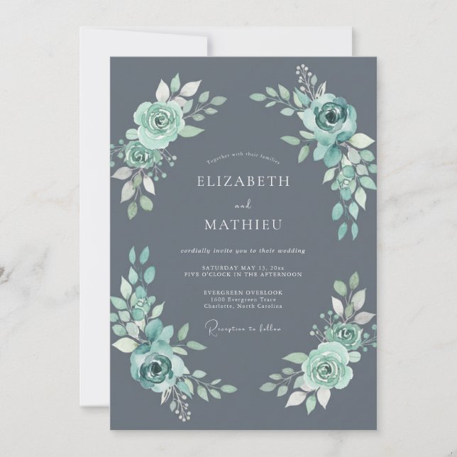 Invitation Mariage hivernal éthéré sarcelle poussiéreuse (Devant)