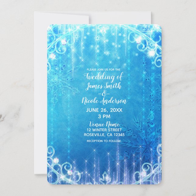 Invitation Mariage hivernal féerique étincelant bleu (Devant)